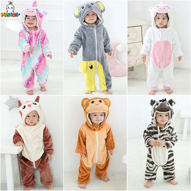 

Cute Baby Winter Kigurumi Jumpsuit Boy's Girl's Flannel Romper Animal Shape Romper Newborn Cartoon Hooded Romper Unicorn Pajamas