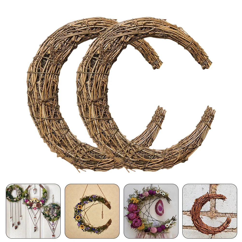 

2 Pcs Rattan Garland Hand Woven Rings DIY Wreath Moon Vine Branch Moon-shape Summer Front Door Christmas Making Wicker