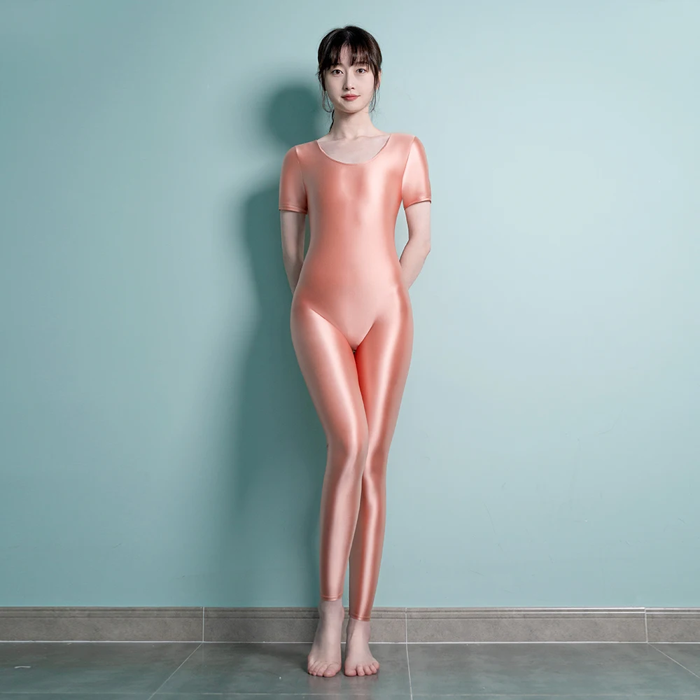 DROZENO Women's swimsuit high elastic gloss bodysuit Body shaping bodybuilding sport jumpsuit Women's short sleeve cropped pants