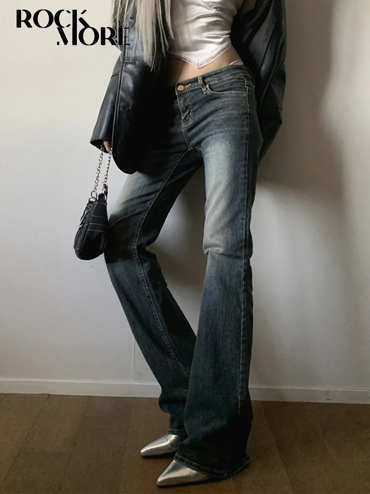

Rockmore Vintage Flare Jeans for Women Slim Low Waisted Jean Pants Streetwear Y2K Casual Denim Trousers Korean Harajuku 2023