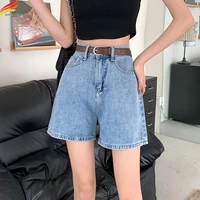 dfrcaeg 2022 summer new women denim shorts with belt high waist wide leg loose black white blue korean style short jeans female