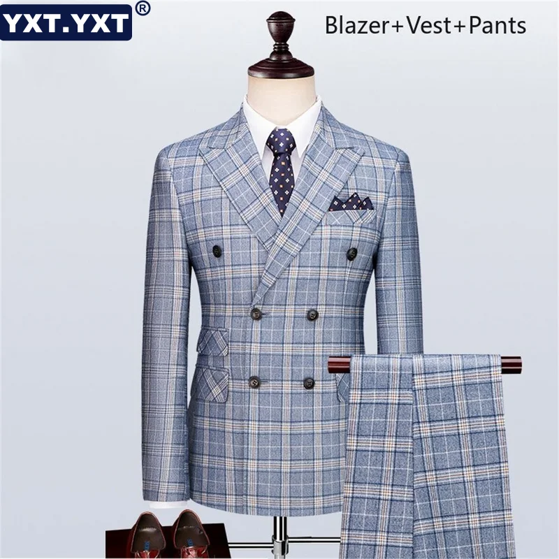 

Роскошный мужской костюм, новинка 2023, элегантный Клетчатый жакет в британском стиле, комплект из трех предметов, брюки, Формальные вечерние ...