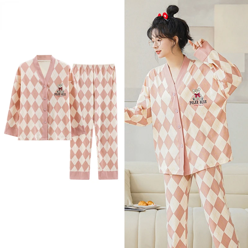 Pink Argyle Woman Cotton Pijamas Set M-5XL Kimono Cardigan Long Sleeve Pajamas for Lady Casual Girls Sleepwear V-neck Mujer Pjs