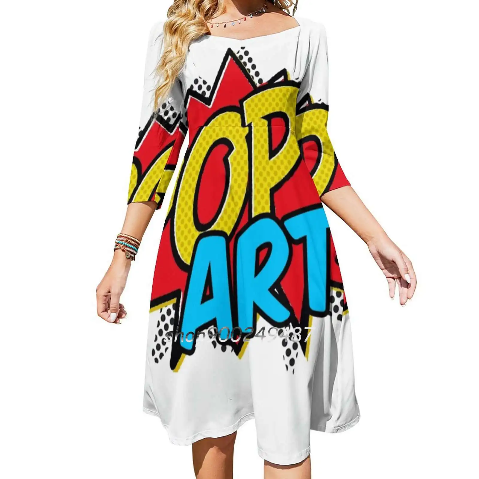 

Pop Art Sweet Elegant Dress Women Korean Kawaii Square Collar Dress Bright Colorful Colourful Pop Red Yellow Black