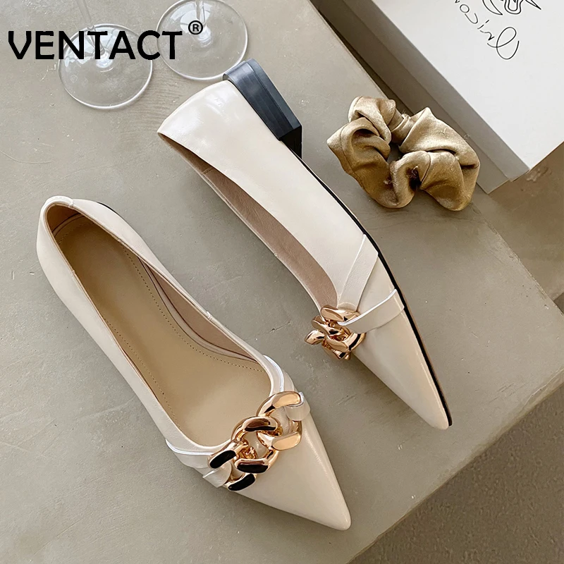

VENTACT New Flat Shoes Women Real Leather Metal Chain Women Shoes Fashion Cool Flat Shoes For Woman Party Footwear Size 34-40