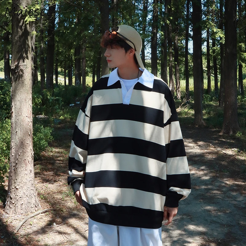 

Sweatshirts Men Striped Students Japanese Designer Preppy Stylish Handsome Harajuku Ins All-match Clothing Baggy Streetwear Cool