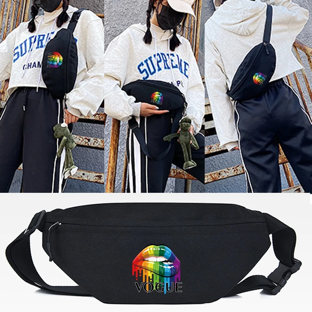 

New Women Waist Bag Color Lips Print Chest Bag Canvas Crossbody Pack Fashion Travel Phone Chest Shoulder Bag Men Cauasl Handbags