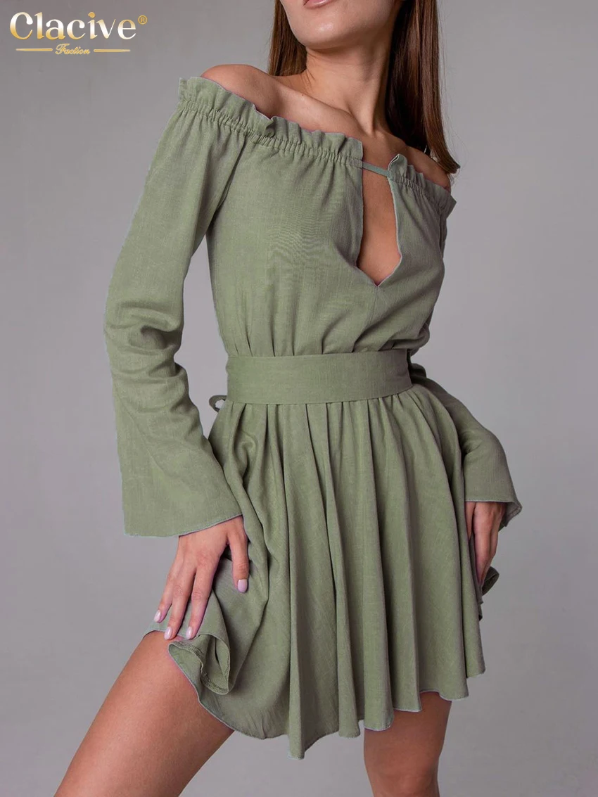 

Clacive, пикантное тонкое зеленое женское платье 2023, модное мини-платье с воротником-лодочкой и длинным рукавом, элегантное Плиссированное жен...
