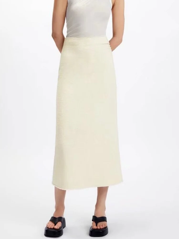 

KUMSVAG 2022 Summer Women Causal Straight Skirts Solid Veins High waist Female Elegant Office Lady Mid-Calf Skirt Clothing