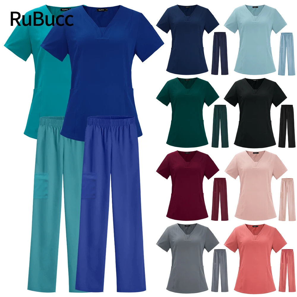 

S-2XL Solid Color Short Sleeved V-Neck Nursing Working Overalls Top Pant Set Soft Unisex Scrub Uniform Workwear Wholesale Prices