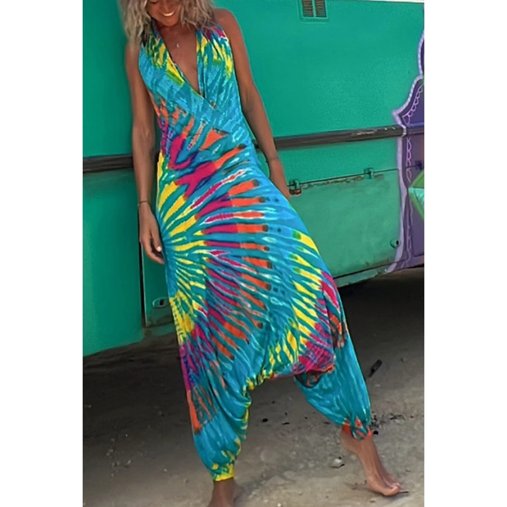 

Женский комбинезон с открытой спиной, V-образным вырезом и принтом