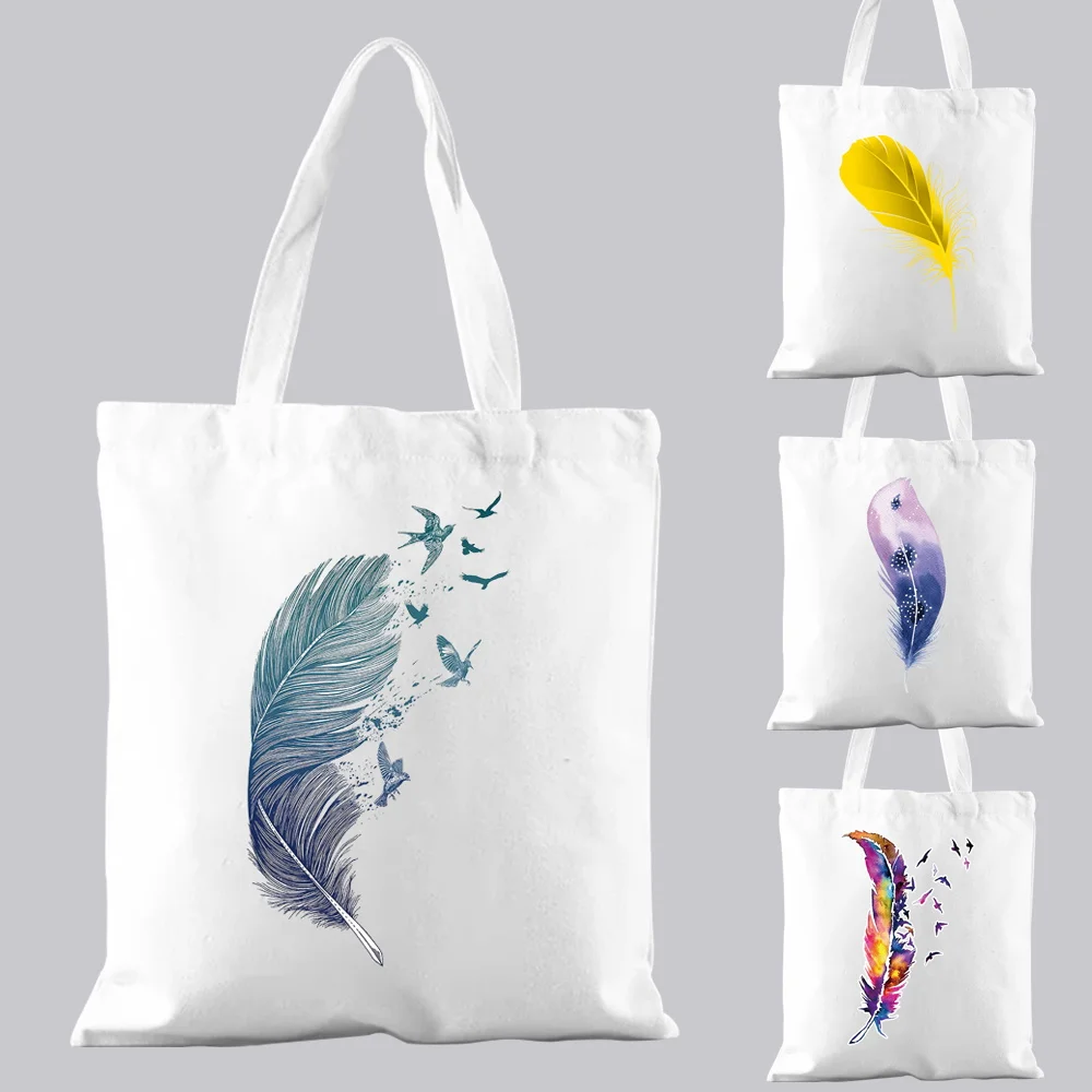 

Korean Style Basic Handbag Shopping Bag All-match Casual Shoulder Commuter Color Feather Pattern Printed Canvas Grocery Totes