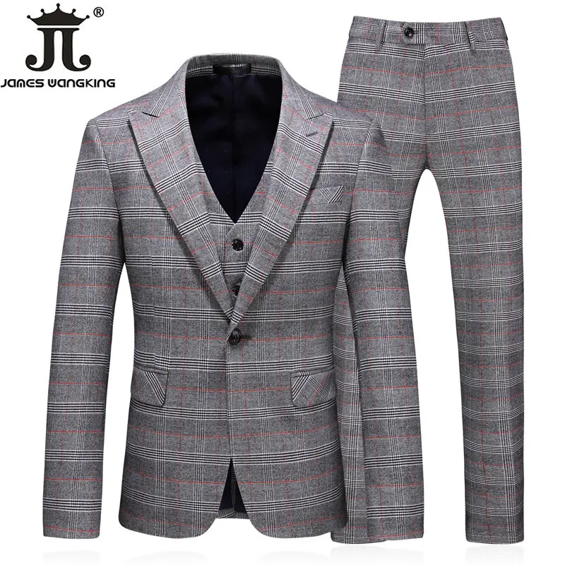 

( Blazer + Vest + Pants ) High-end Retro Plaid Boutique Fashion Plaid Mens Formal Business Suit 3pcs Groom's Wedding Dress Party