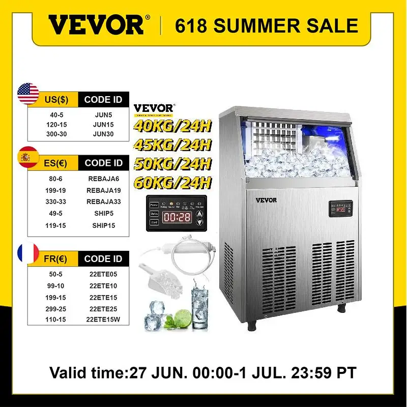 

VEVOR Commercial Cube Ice Maker 40-70 KG/24H Freestanding Auto Clear Liquid Freezer Ice Generator Machine 110V Home Appliance