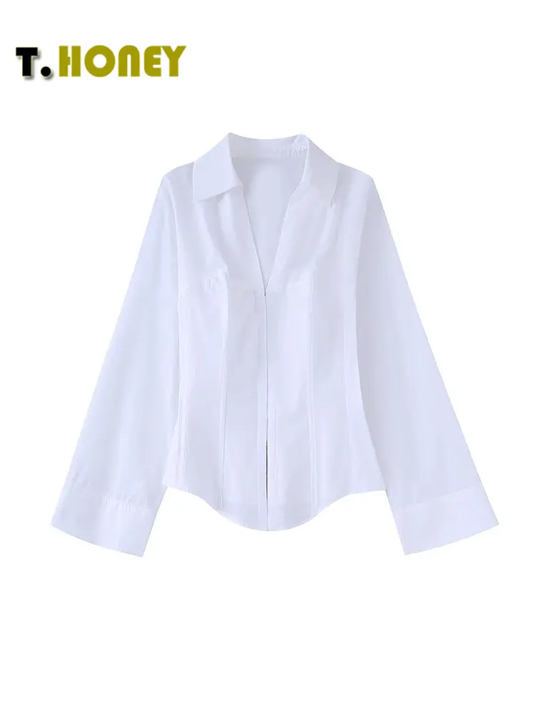 

TELLHONEY Women Fashion Casual Poplin V-Neck Camis Blouses Female Chic Solid Long Sleeves Slim Thin White Shirt