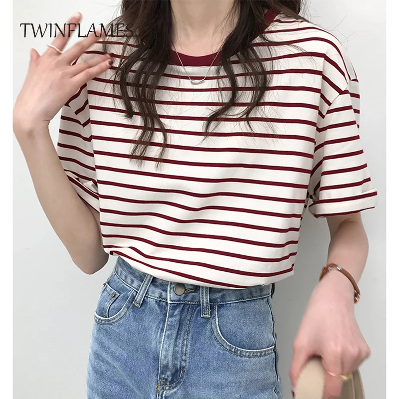 

Женская футболка в полоску, с коротким рукавом, в стиле Харадзюку