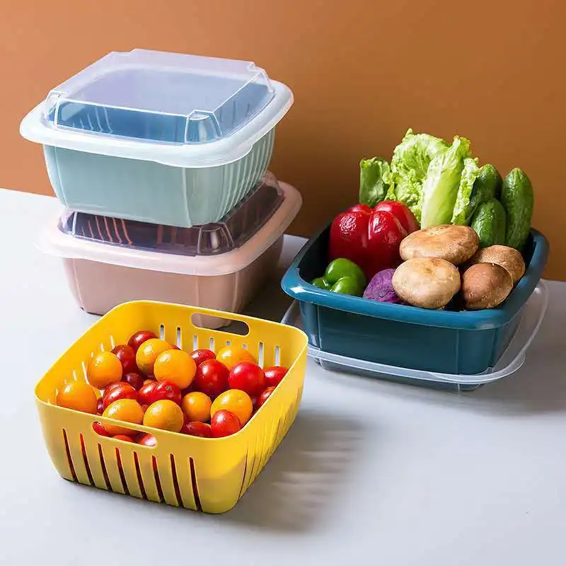 

Household Drain Basket Double Drain Basket Fruit Preservation Box Kitchen Washing Basket Plastic Preservation Storage Box