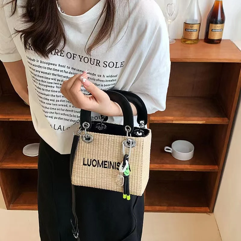Letter Straw Woven Bag Luxury Crossbody Messenger Women's All-match Large-capacity Bucket Bag Holiday Beach Handbag and Purse