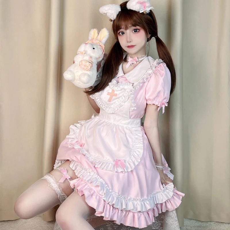

Cosplay Maid Costume Anime Cream Sweetheart Pink Lolita Dress Cute Girl Maids Wear Uniform Short-sleeved Nurse Costumes Dresses
