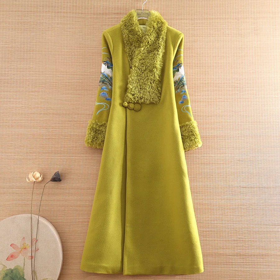 High Quality Winter Chinese Style Wool Trench Coat Hanfu Embroidery Retro Elegant Loose  Women Dress S-XXL
