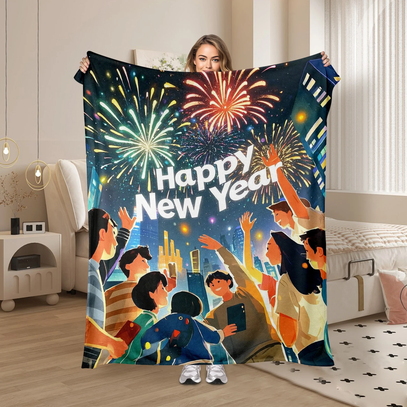 Праздничное новогоднее мягкое фланелевое одеяло демонстрирующее милые