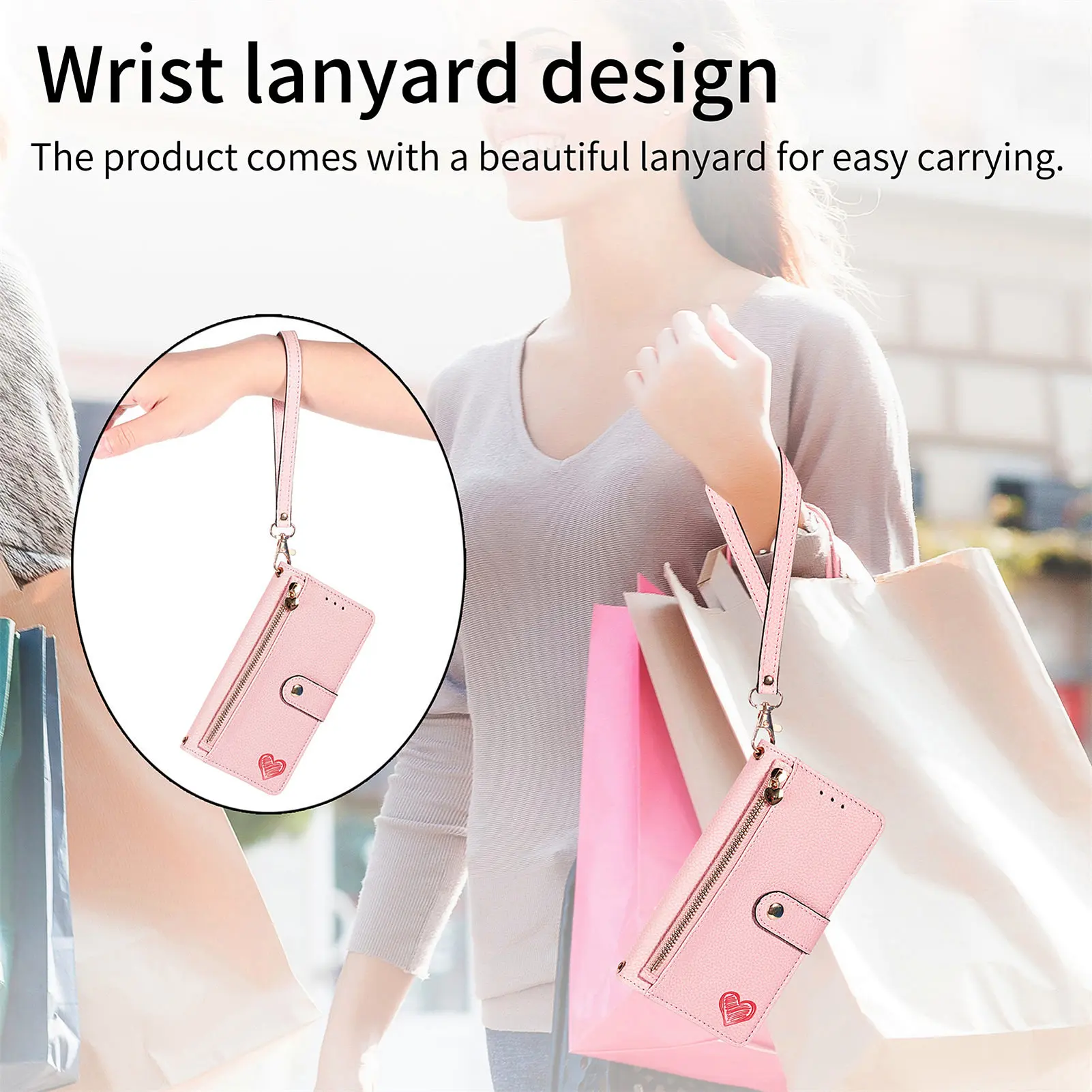 Wallet Leather Flip Case for Samsung Galaxy A43 A34 A54 A14 A13 A24 F14 M14 M54 A53 A73 A33 A52 A72 Love Heart Zipper Bag Cover