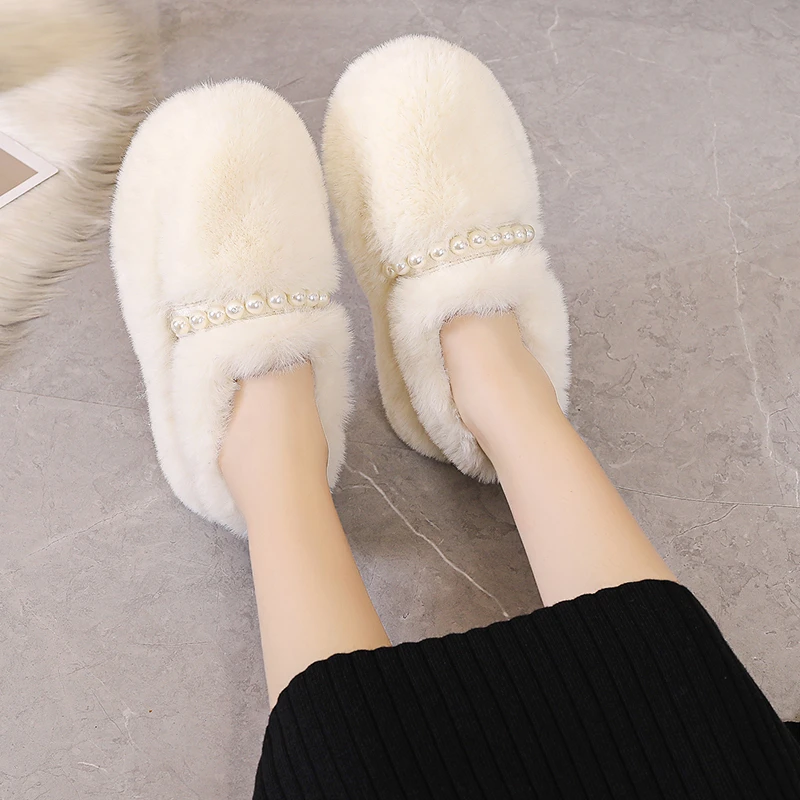 

Net Red Pearl Wool Shoes Women's 2022 Autumn and Winter New Fashion Fairy Style Solid Color Comfortable Cotton Shoes Women