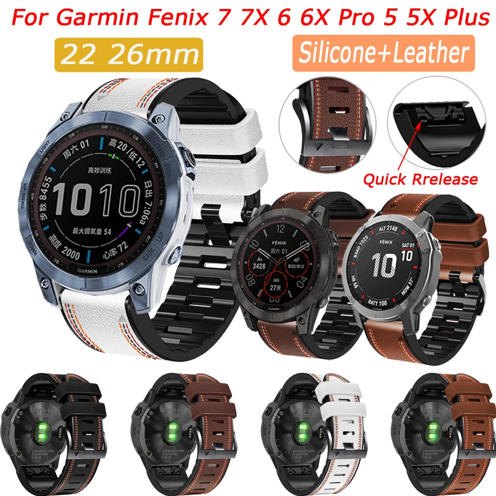 

22 26mm Silicone Leather Wristband For Garmin Fenix 7 7x 6 6x Pro 5 5X Plus Smart Watch Strap Bracelet Accessories Replaceable