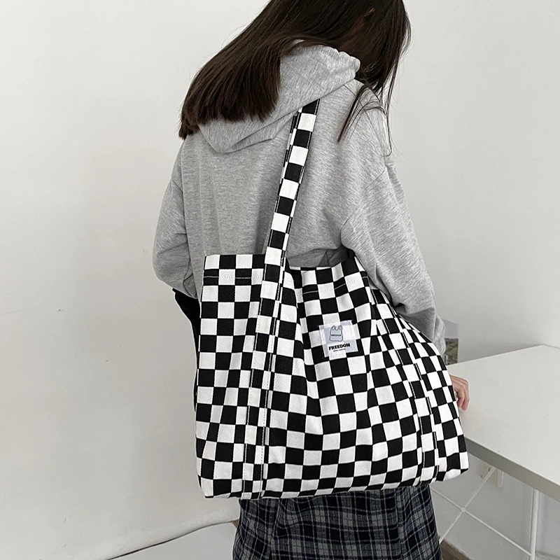 

Women Large Canvas Tote Chequer Chess Pattern Shoulder Bag Books Handbag Grocery Eco Cotton Cloth Plaid Shopping Bag For Ladies
