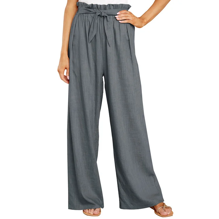 

2022 Spring Winter Women's New Casual Pants Large Solid Color Loose Tie Wide Leg Pants High Waist Lace Up Trousers