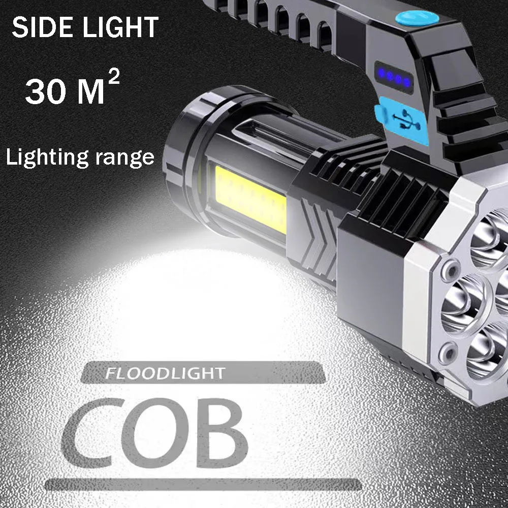 New Portable LED Flashlight Outdoor Spotlight Torch Multifunctional COB Side Light Powerful USB Rechargeable 7 Wicks Flashlights