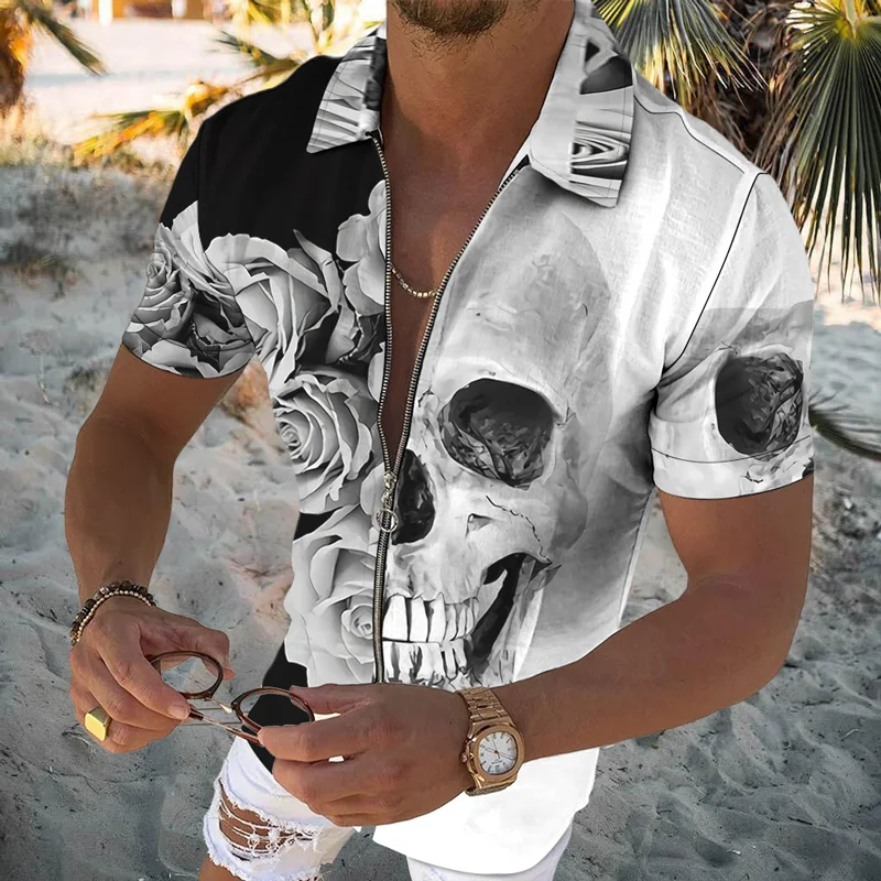 

Skull Print Summer Shirts For Men Short Sleeve Lapel Zipper Leisure Brand Design Gentleman Cardigan Trend Fashion Man Clothing