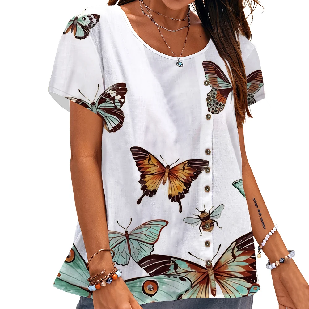 

Женская футболка CLOOCL с рисунком бабочек и пуговицами с 3D принтом, свободные футболки с коротким рукавом, женские летние топы, винтажный стиль