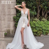 jeheth deep v neck tulle wedding dress 2022 lace appliques backless high split bridal gown court train vestidos de novia