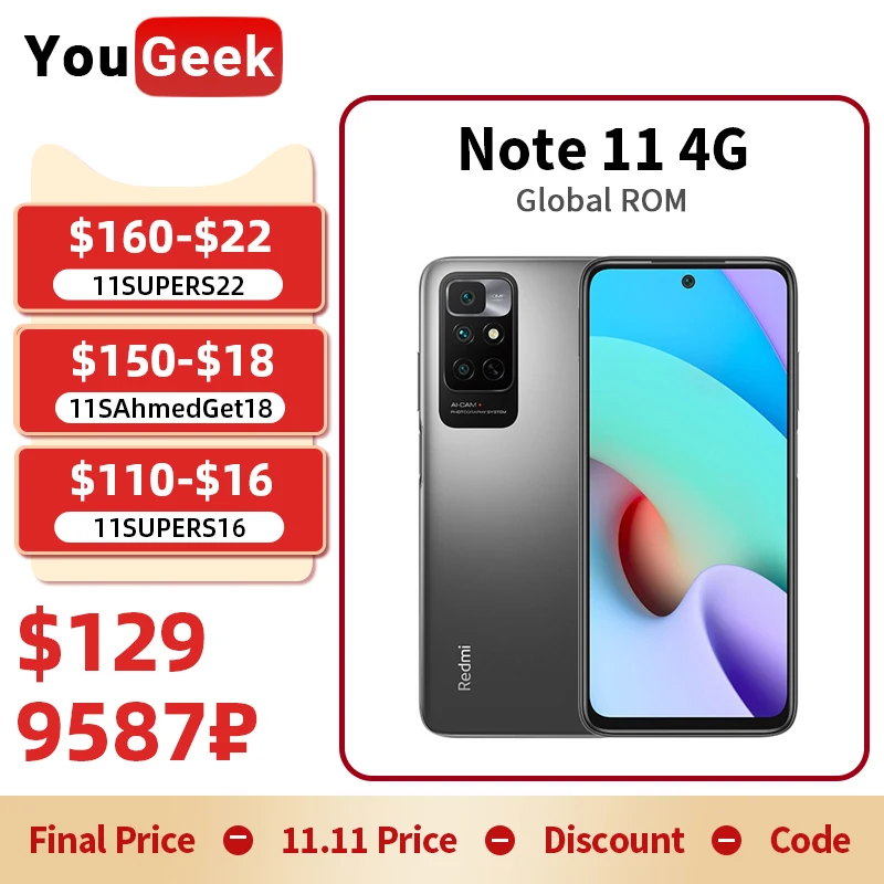Cena Globalny ROM Xiaomi Redmi Note 11 4G 4/6GB + 128GB MTK Helio G88 50MP Kamery 5000mAh 18W Szybkie ładowanie Telefonów Komórkowych CN Wersja