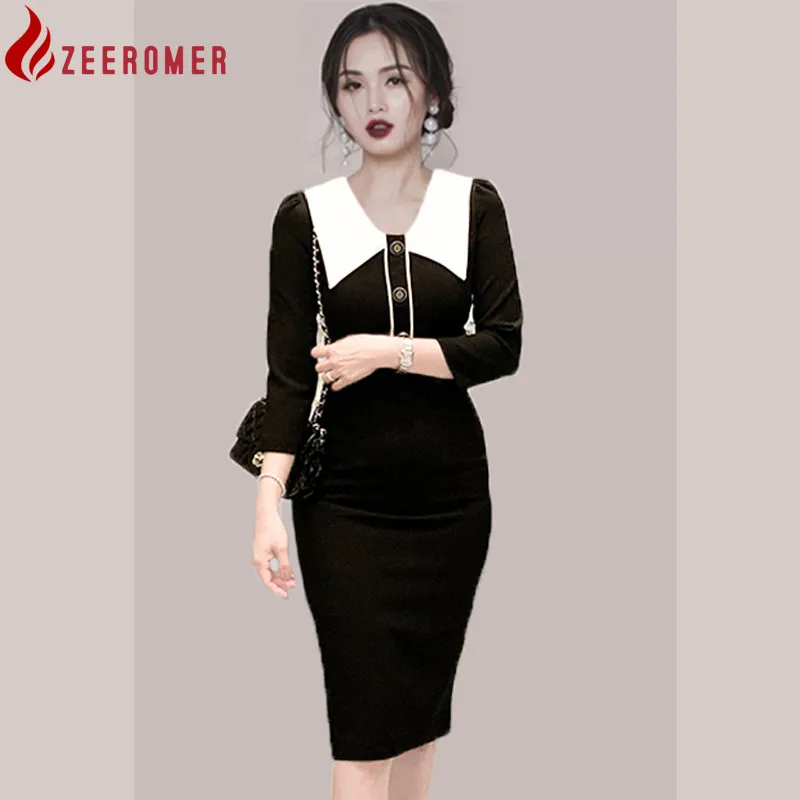 

2022 Autumn Korean Fashion Office Sheath Pencil Dress Women Turn Down Collar Long Sleeves Patchwork Bodycon Knee-Length Vestidos