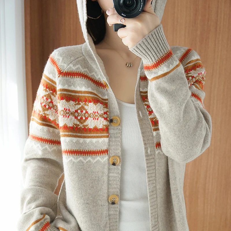 Sparsil Autumn New Cashmere Cardigan Women Hooded Striped Pure Woolen Sweater Coat Contrast Color Knitted Base Shirt Jacket Top