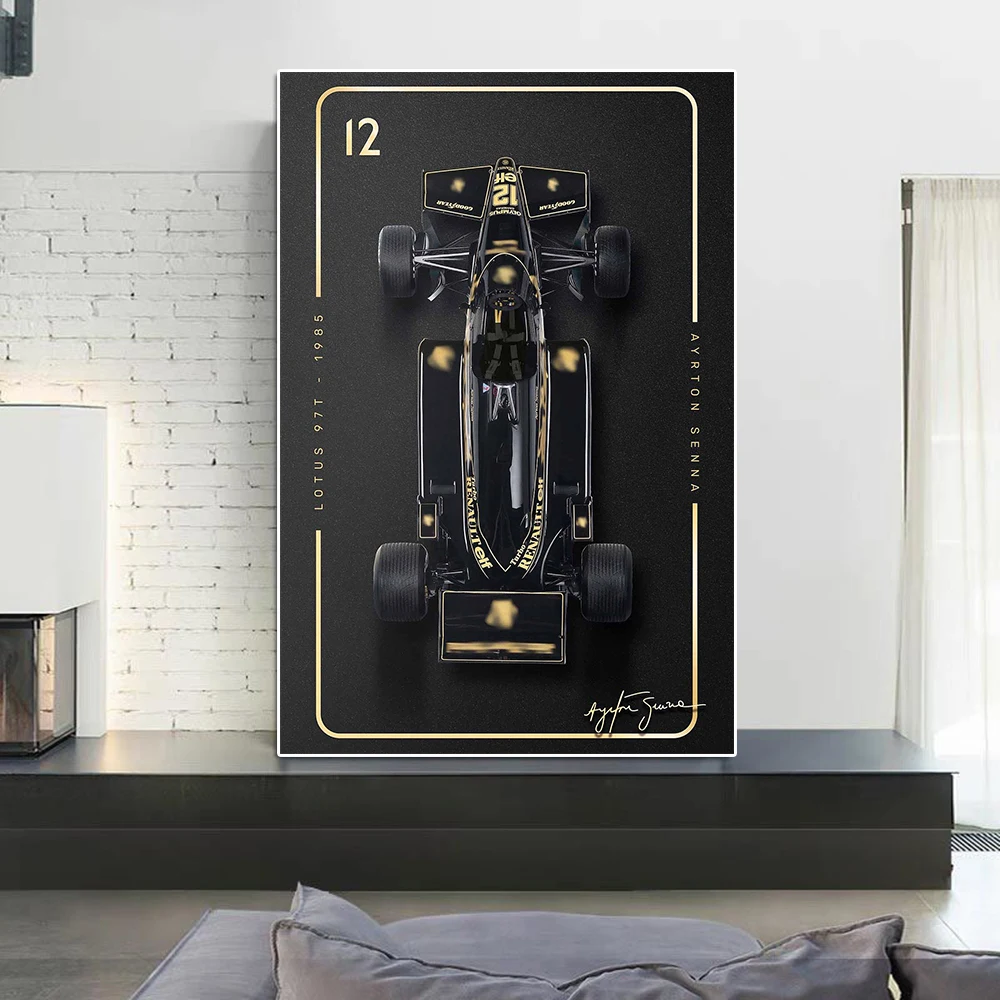 Обычный курс noire et dorée imprimée peinture sur toile de voiture course Senna gagnant du Grand Prix deco