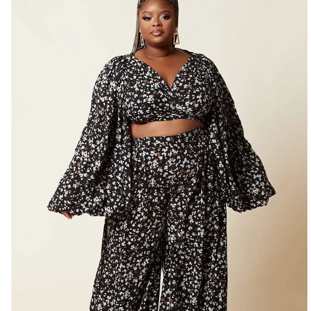 Plus Size 2 Piece Set Women New Africa Large Leopard Print Lace Cardigan Lantern Sleeve Top Loose Wide Leg Pants Fashion Set