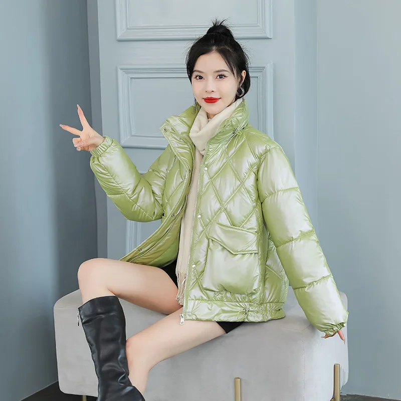 GRELLER 2022 Women Winter Jacket Stand Collar Bright Shiny Cotton Padded Solid Black White Pink Female Ladies Coat Short Clothes