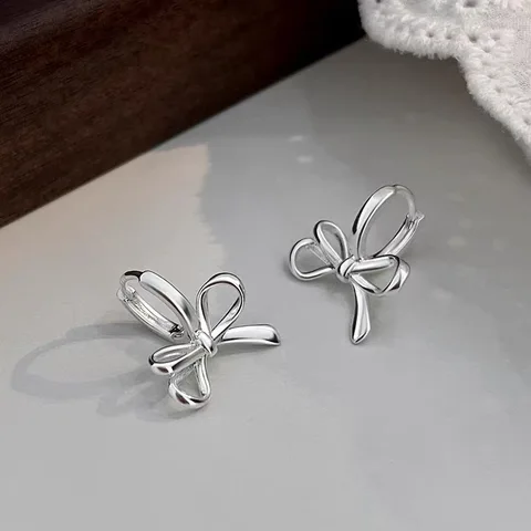 Настоящее серебро 925, серьги-кольца с бантом для женщин, классические ювелирные изделия, легкие роскошные аксессуары