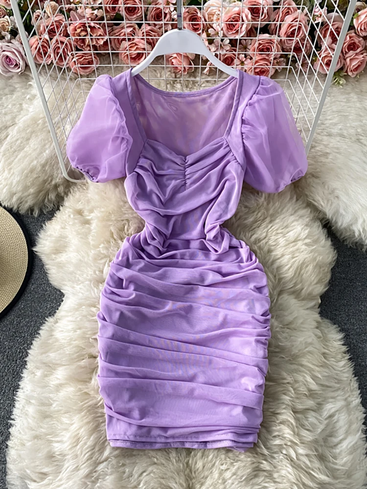 Vestido plisado de malla para mujer, vestido Sexy púrpura/marrón/blanco, ajustado, elegante, con cuello cuadrado, manga corta abombada, Verano