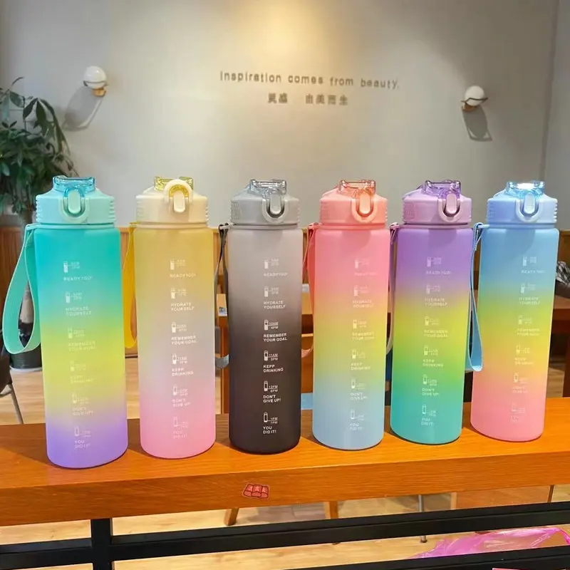 1 Litre Straw Water Bottle for Girls Plastic Frosted Water Cup Portable Sports Bottle with Time Mark Outdoor Fitness Water Jug