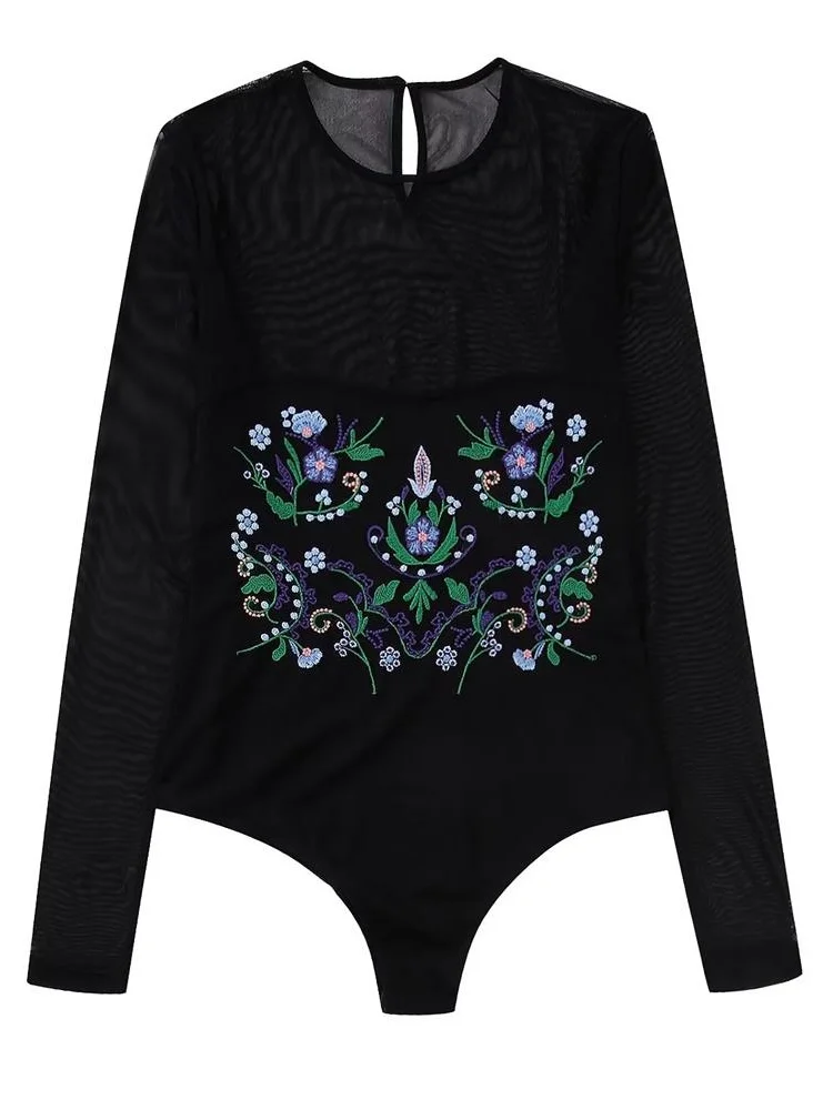 

MESTTRAF French Design Sexy Black Tulle Flower Embroidery Playsuits Vintage Long Sleeve Round Neck Snap Fastener Female Jumpsuit