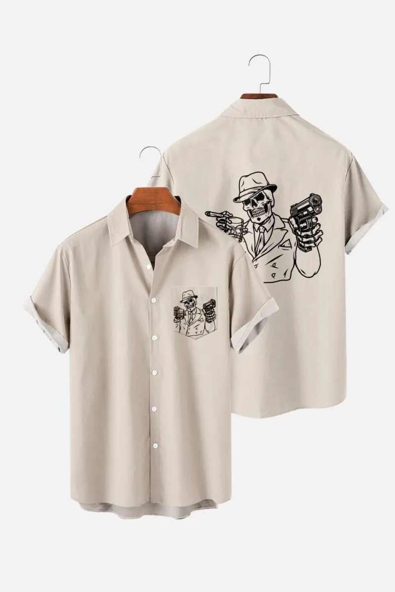 

2022 Western Skull Summer Men's Casual Short Sleeve Lapel Shirt 3D Print Pocket Top Plus Size Summer Beach Shirt