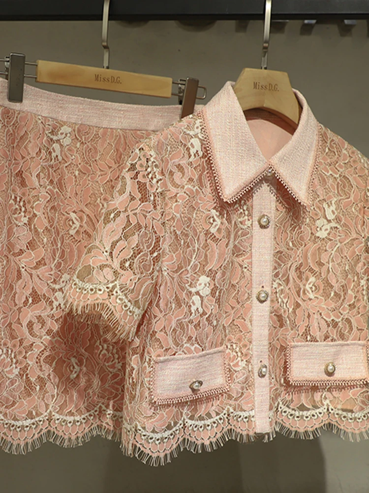 

Elegant Set 2022 Summer New Lace Doll Collar Short Top+High -Waisted Half -Body Skirt Two -Piece Fashion Women'S Clothing