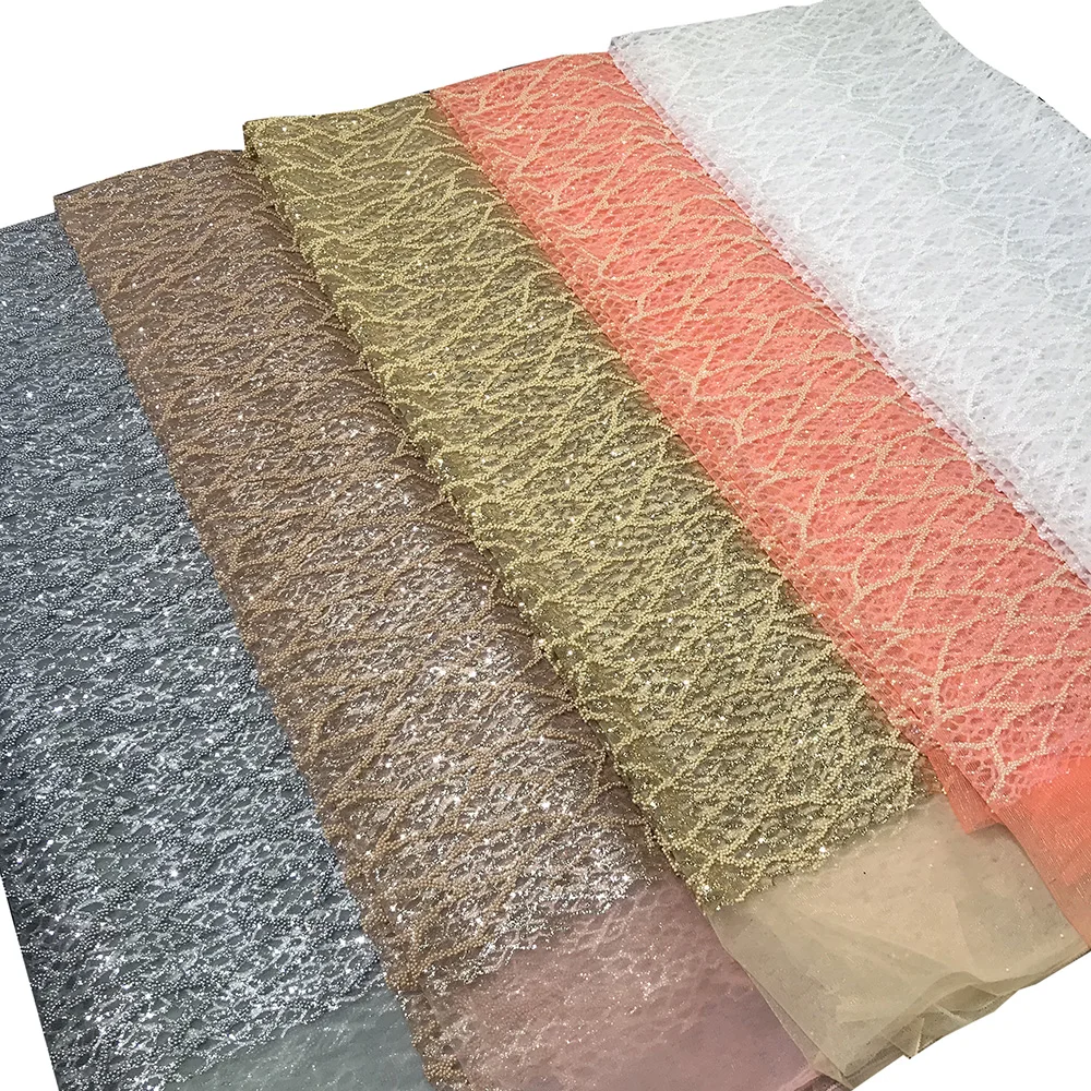 

Latest Colorful Sparkle Glitter Tulle Mesh Rubber Beads Lace Fabric African Gorgeous Women Party Dress Sewing Material Accessory