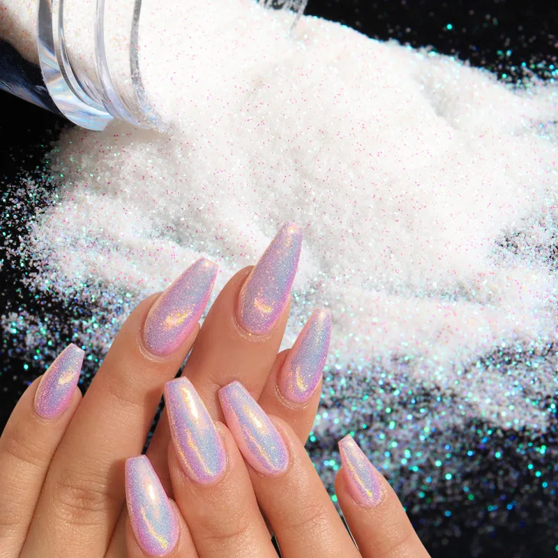 0.1mm White Holographic Nail Glitter Powder Iridescent Shiny Chrome Pigment Bulk Fine Dust For DIY Charm Polish Nail Accessories