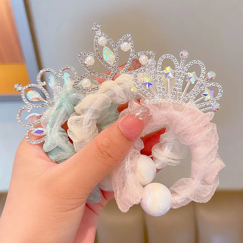 

Summer Children's Crown Hair Ring Girl Ponytail Ball Scrunchies Rubber Band Girl Pearl Gauze Sweet Cute Headdress Wholesale