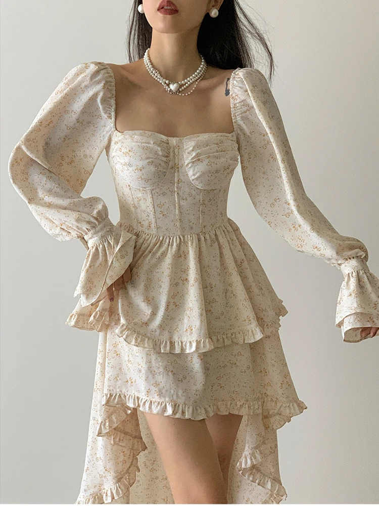 

French Vintage Print Floral Dress Women Sweet Elegant Evening Party Midi Dresses Female Puff Sleeve Retro Sexy Dress Autumn 2022